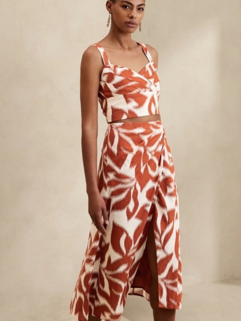 NWT Banana Republic factory linen Rust Leaf Print Crop Top & Midi Skirt